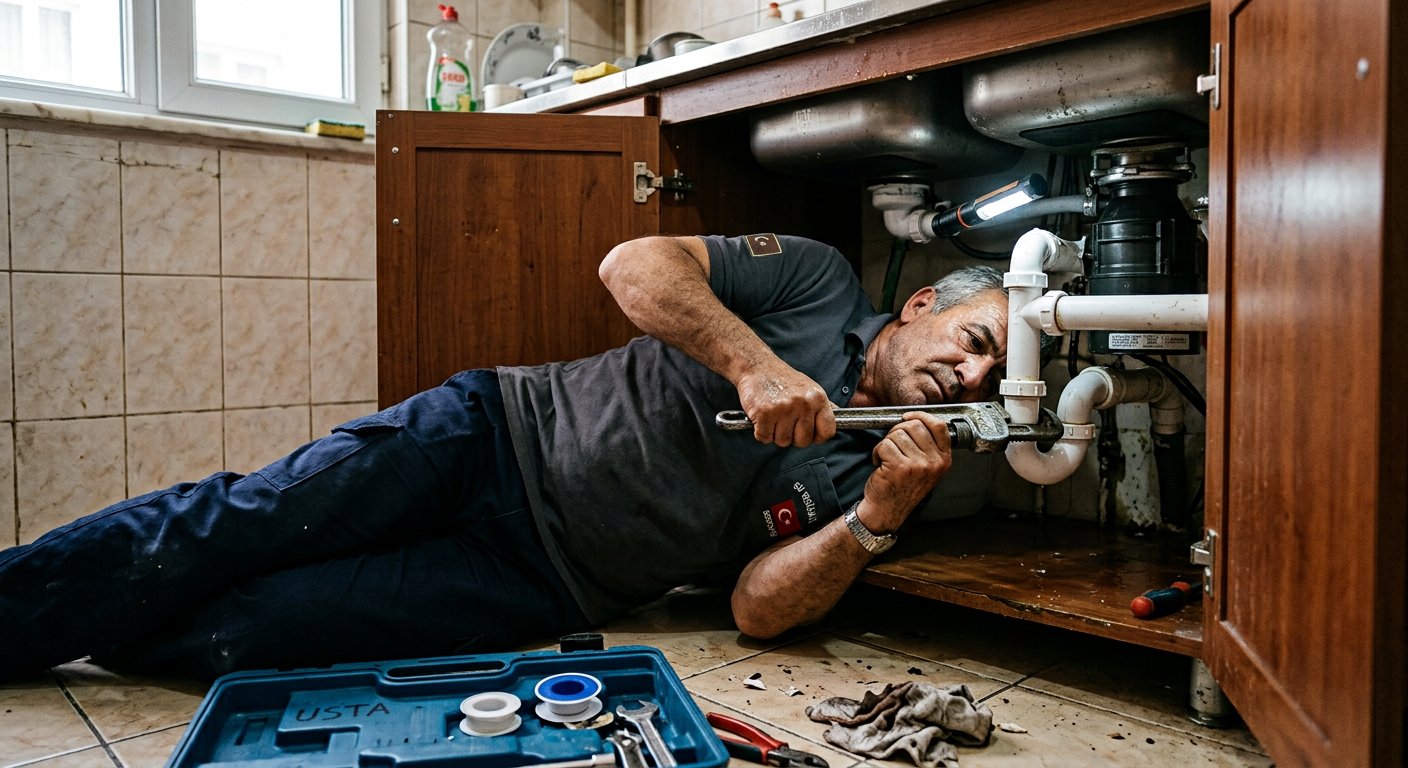Lavabo altında boru bağlantısı sıkan tesisatçı